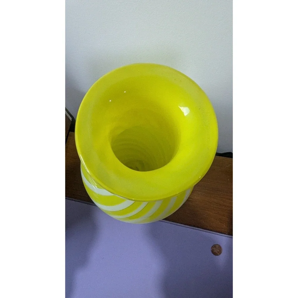 Vintage Yellow White Swirl Art Glass Vase Hand Blown Murano Style 12 Inch Urn